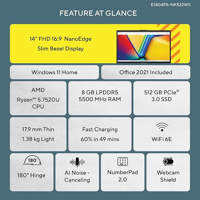 Asus Vivobook 2023 E1404FA-EB331W Ryzen 5 7520U/8GB RAM/512GB SSD/AMD Radeon/14″ FHD/Windows 11 Laptop